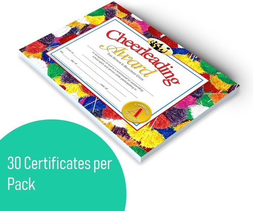 Hayes Cheerleading Award Certificate - Customizable Recognition for Students | Full-Color Pom-Pom Design, 8.5" x 11", 30 Pack