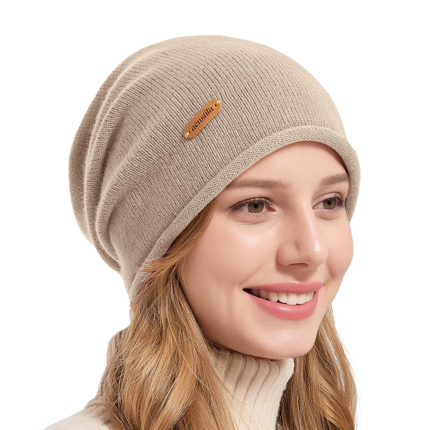 ACUSHLA 100% Merino Wool Slouchy Beanie for Women & Men Knit Winter Hat Unisex Warm Skull Cap for Cold Weather, Light Beige