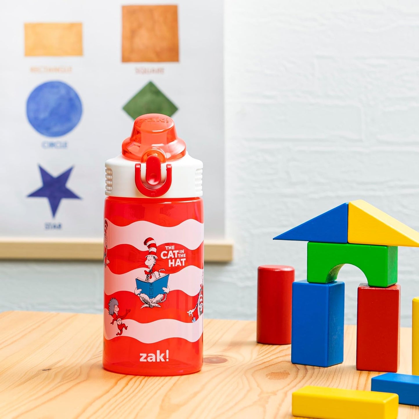 Zak Designs Dr. Seuss Kids Water Bottle - 16oz Durable Plastic, Leak-Proof With Straw & Handle | The Cat in the Hat