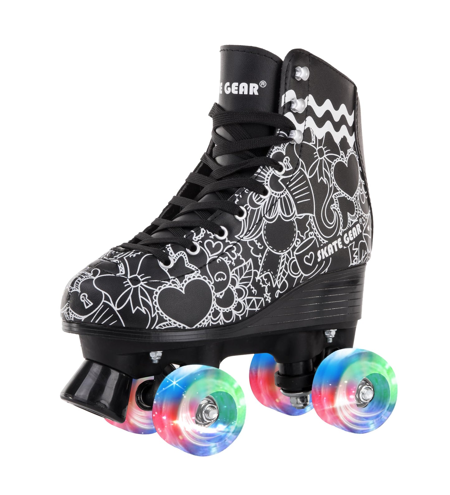 Skate Gear Extra Support Quad Roller Skates for Kids and Adults (Graphic Black w LED, Women's 6 / Youth 5 / Men's 5)