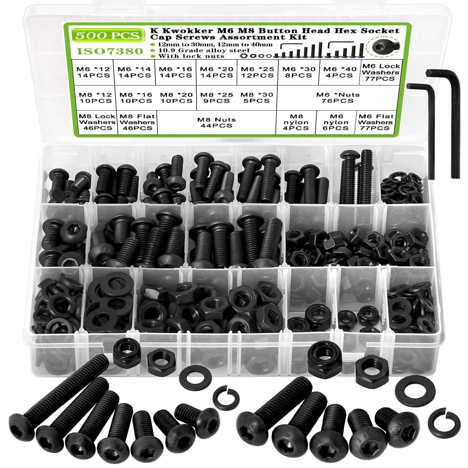 K Kwokker 500Pcs M6 M8 Metric Screws Assortment Kit 12MM-40MM with Lock Nut, Button Head Hex Socket Nuts and Bolts Assortment Kit, 10.9 Alloy Steel Machine Screws w/Washers, M6x1.0 Bolt, M8x1.25 Bolt