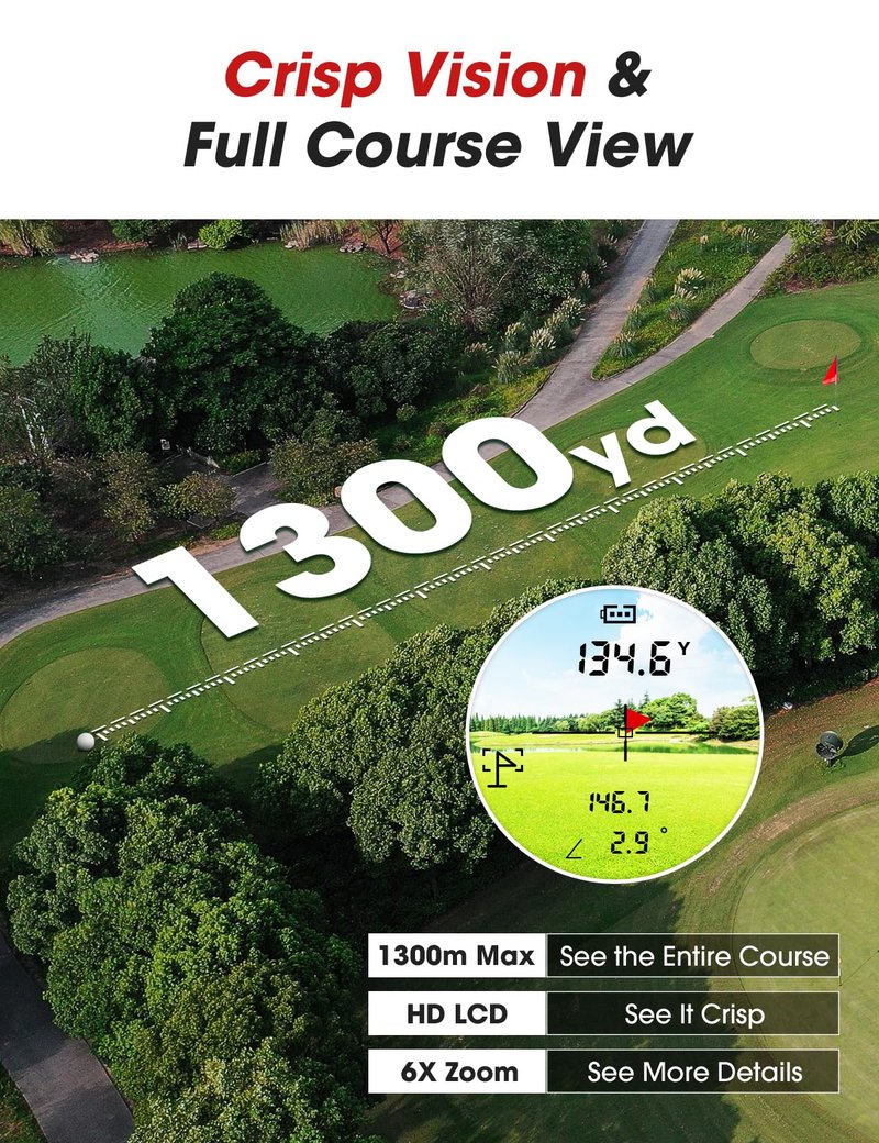 BirdiePulse Golf Rangefinder with Slope & Magnet，1300 Yards Range Finder for Golf，Flag Locking Vibration，6-6.5X Magnification & HD LCD，Rechargeable Golf Range Finder，Black