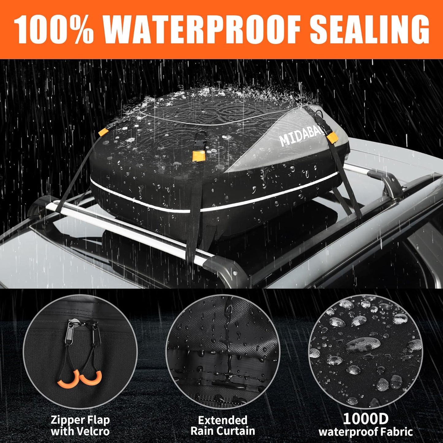 MIDABAO Waterproof Car Roof Top Carrier - 12 Cubic Feet Cargo Bag with Anti-Slip Mat | Durable Zippers