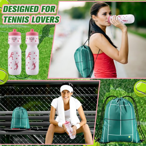 Talltalk 12 Pcs Tennis Party Favors Tennis Water Bottle with Bags Bulk Drawstring Bag Gift Goodie Treat Bags 24 oz Water Bottle Cup for Team Theme Accessories Sports Party Supplies Gift