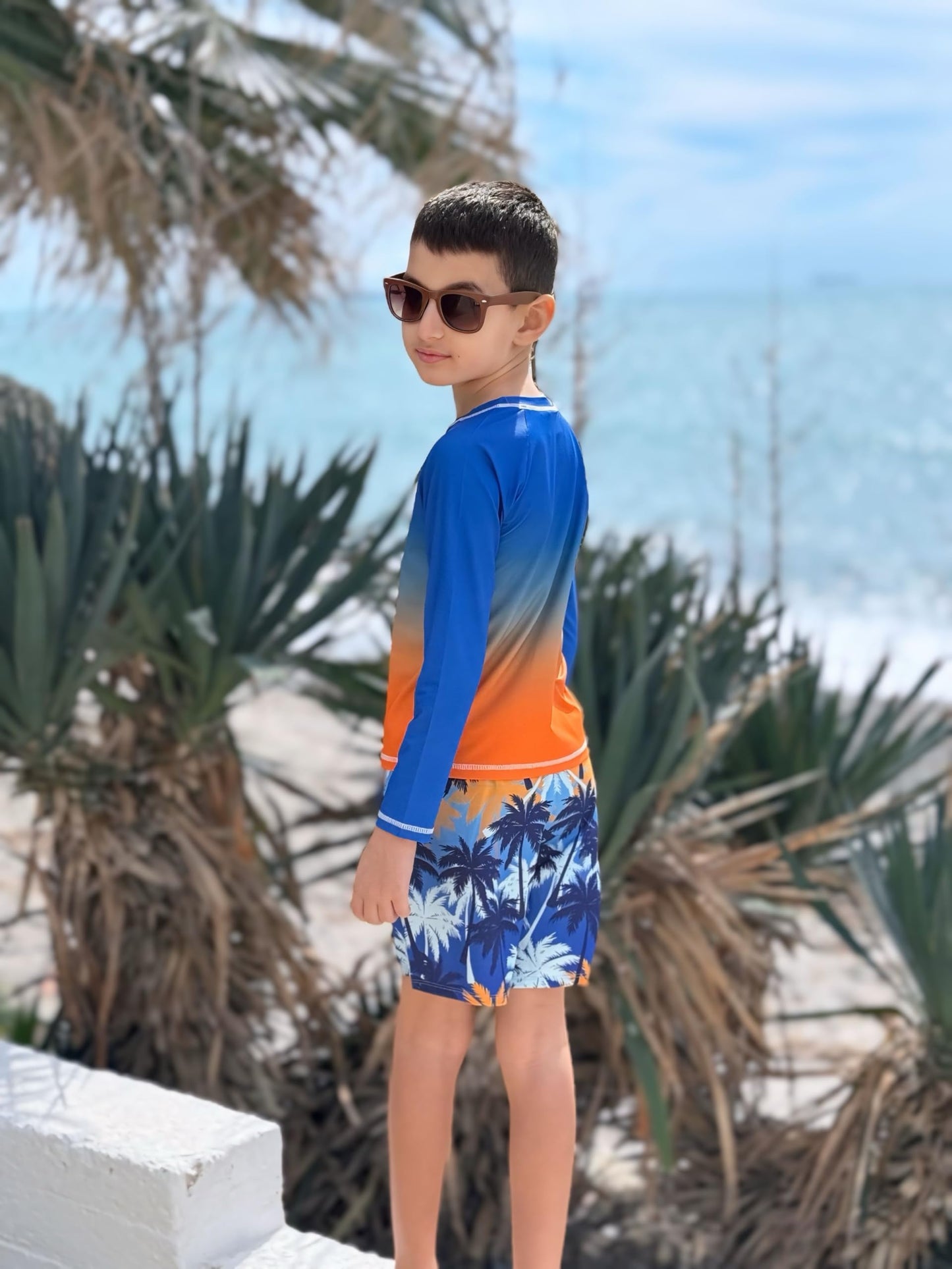 Belovance Boys Two Piece Rash Guard Swim Set Kids Long Sleeve Bathing Suit Swimwear Shirt with Trunks Swimming Suits Surfing Beach Clothes Quick Dry Size 7 8 Blue Orange