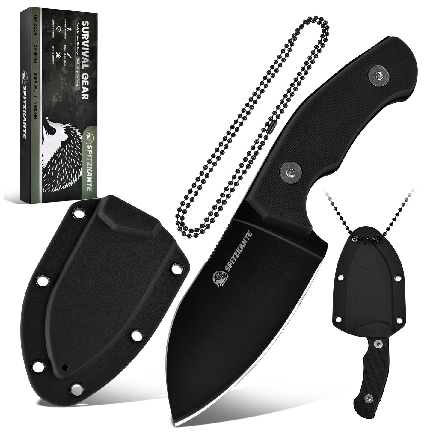 SPITZKANTE P-DA Neck Knife with Sheath and Necklace, EDC Fixed Blade Knife with 2.8" 5Cr14MoV Stainless Steel, Black Handle for Outdoor Use