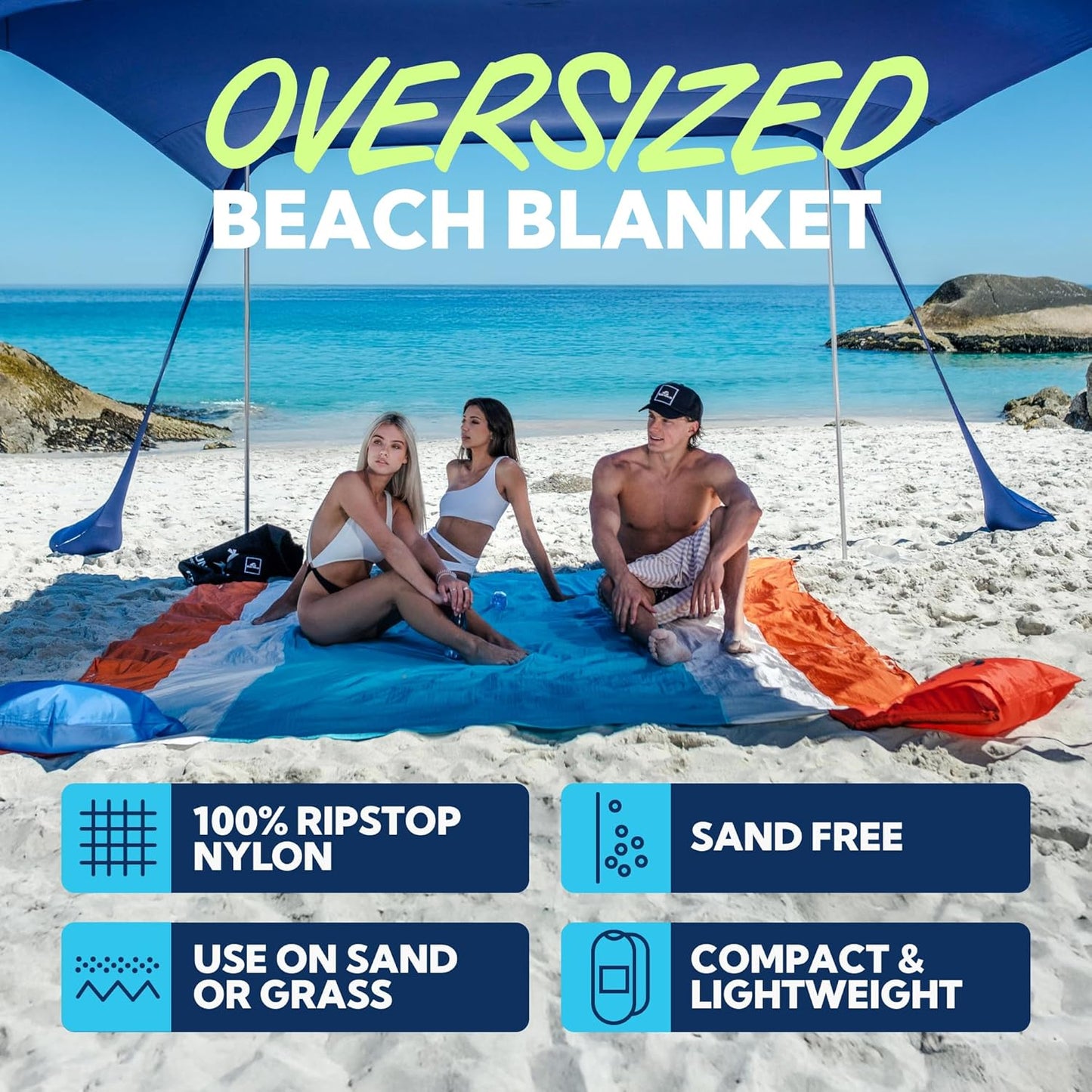 SUN NINJA Sand Proof Beach Blanket - Lightweight & Quick-Dry Mat with Travel Bag | Giant 10'x9' for Outdoor Fun