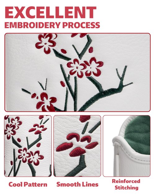 Plum Blossom Golf Head Covers, Floral Style Driver Headcover, Unique Design Driver Head Cover, Golf Club Covers Funny, PU Leather Advanced Embroidery with Soft Inner Lined for Most Brands - Winter