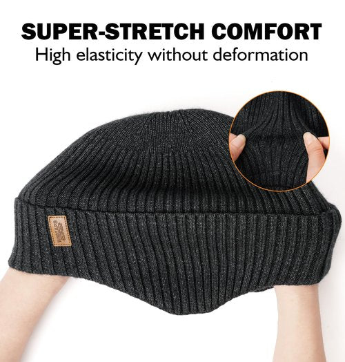 Wmcaps Fleece Lined Winter Beanie with Earflap for Men Women - Windproof Thermal Knit Hat for Cold Weather Black