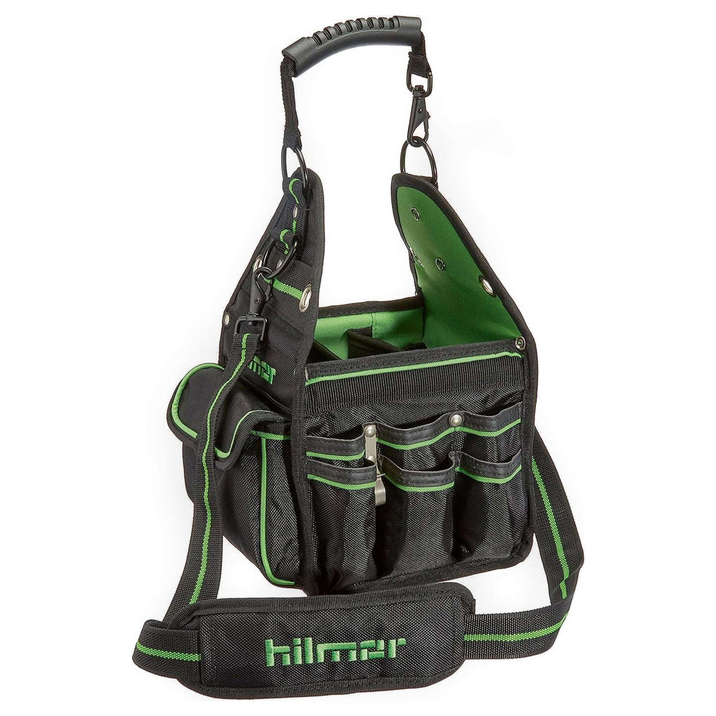 Hilmor HT 1839078 HVAC Tool Bag with 27 Pockets, Key Clip, Tape Loop, Shoulder Strap,HVAC/R Tools and Equipment, Black/Green, 13”