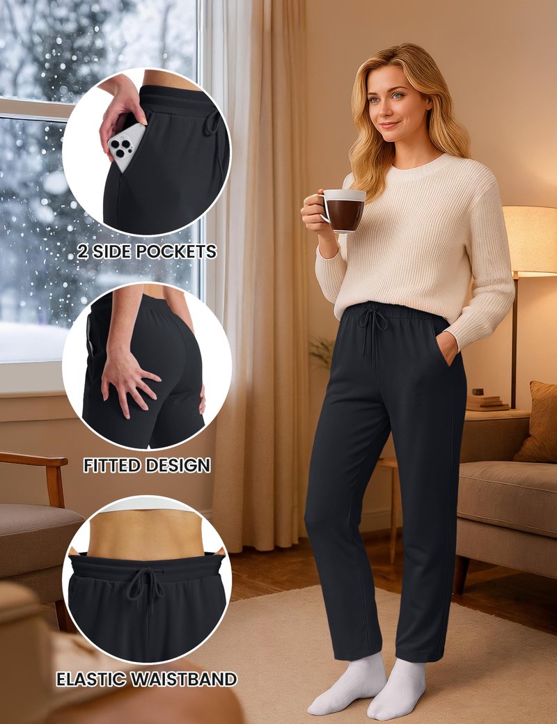 TACVASEN Fleece Lined Pants for Women Winter Warm Sherpa Sweatpants with Pockets Thermal Cotton Joggers Casual Black L