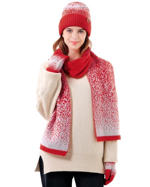 Womens Winter Knit Beanie Hats and Touchscreen Gloves Long Scarf Set with Warm Fleece Lined Skull Caps Scarves for Women Red White