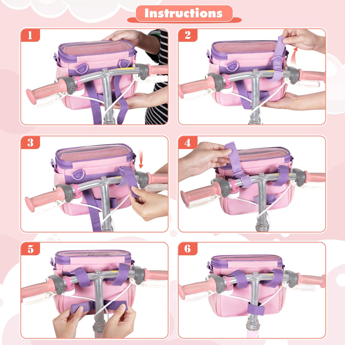 GRAOSO Bike Basket Front Kids, Bicycle Basket, Cute Bike Accessories Fit Most of Handlebar, Tricycle, Scooter Bag for Girls and Boys with Shoulder Strap, Pink, Patented Design