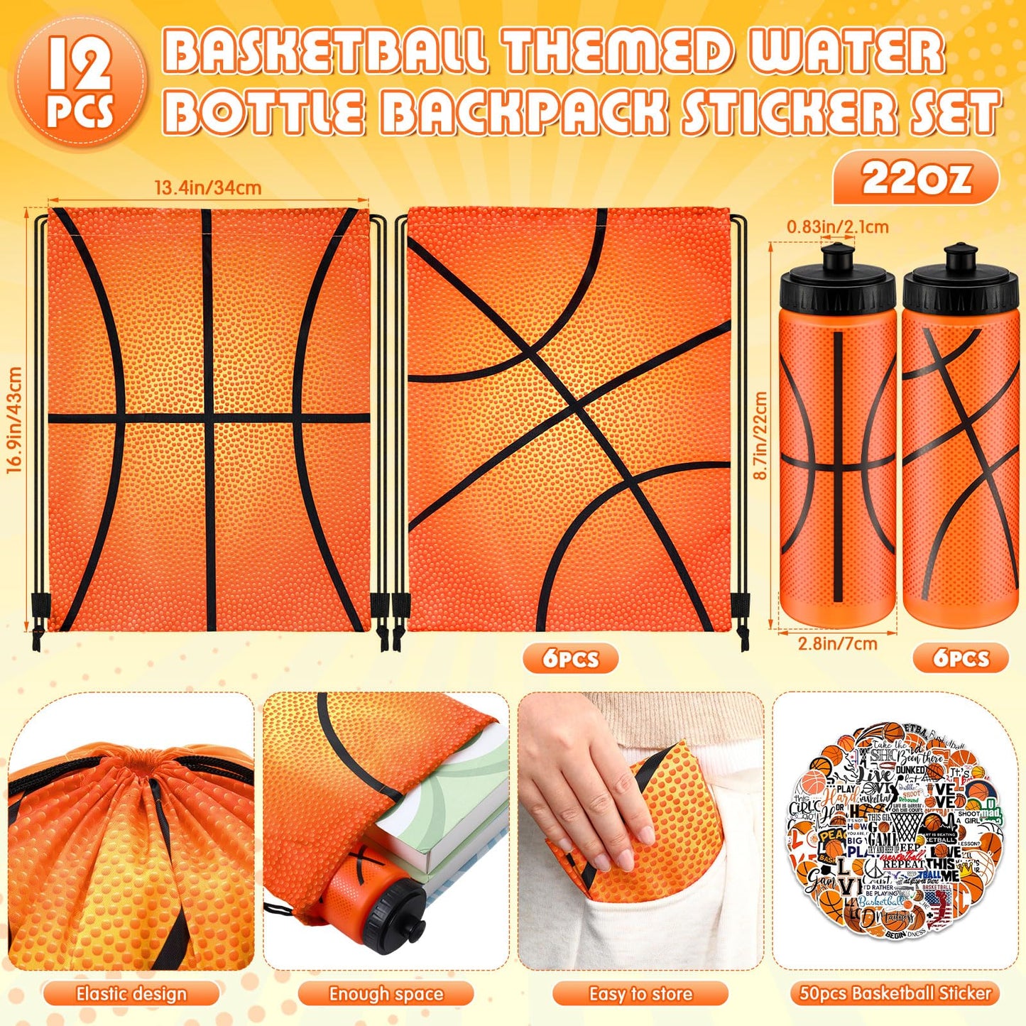 24 Pcs Basketball Water Bottle Basketball Drawstring Bag Set with 50 Sticker Basketball Party Favors 12 Reusable Sports Squeeze Water Bottle 20oz 12 Basketball Goodie Gift Bag for Basketball Team Gift