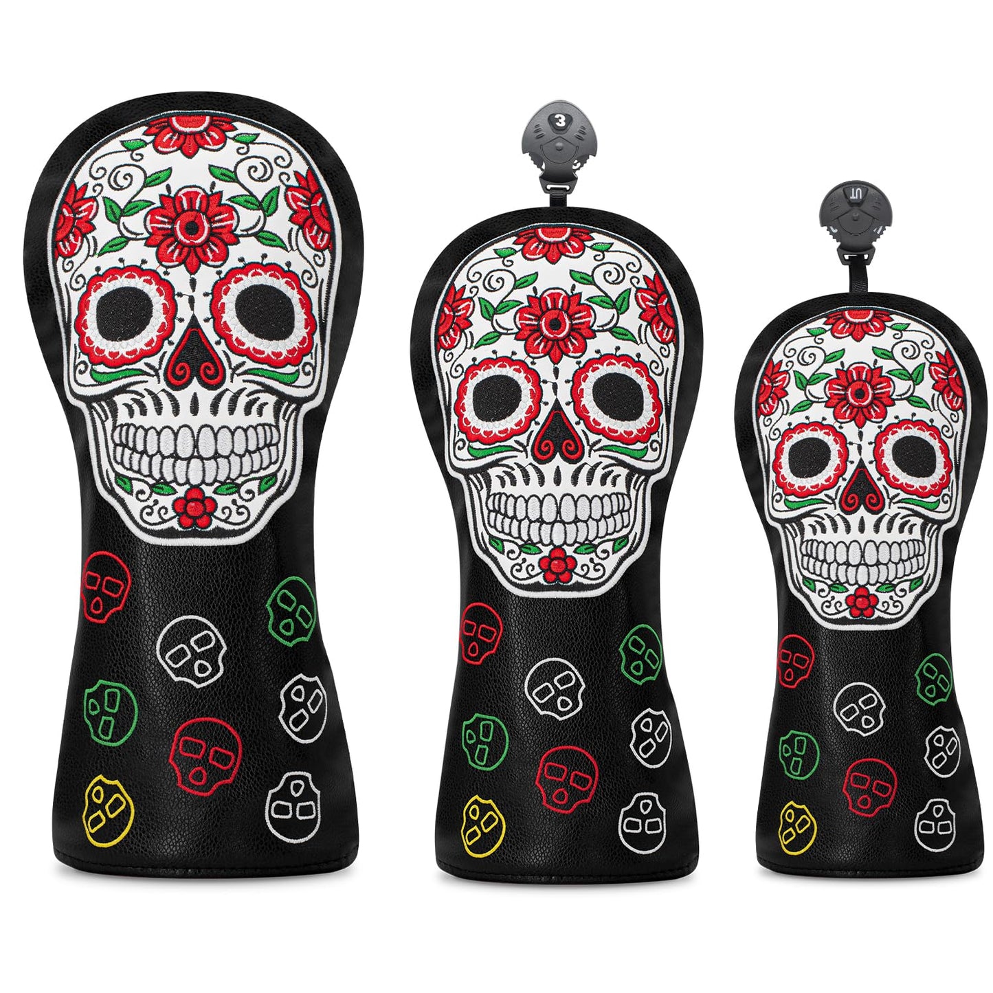 Golf Head Cover Golf Club Red Flower Skull Design Golf Covers PU Headcovers Set Fits Driver Fairway Wood Hybrid Utility Woods Iron Wedge Headcover.