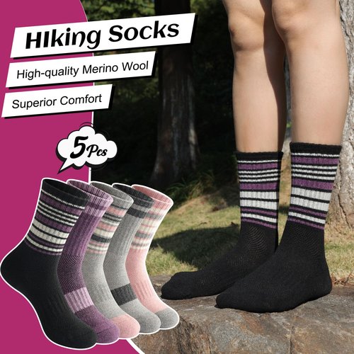 Juedverty Merino Wool Socks For Women Hiking Winter Boot Thermal Warm Thick Cushion Cozy Work Crew Socks 5 Pairs