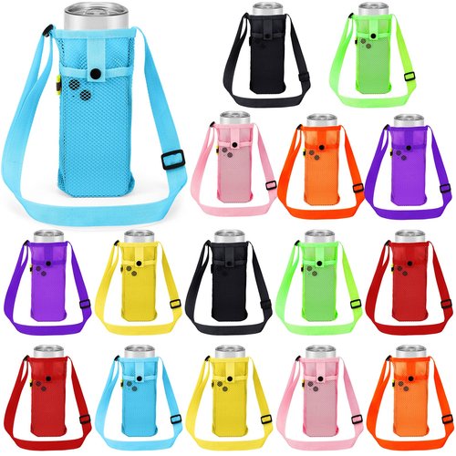 Mumufy Mesh Water Bottle Sling Holder with Adjustable Strap Crossbody Bottle Sleeve Carrier with Pouch for Outdoor Activities(Fresh,16 Pcs)