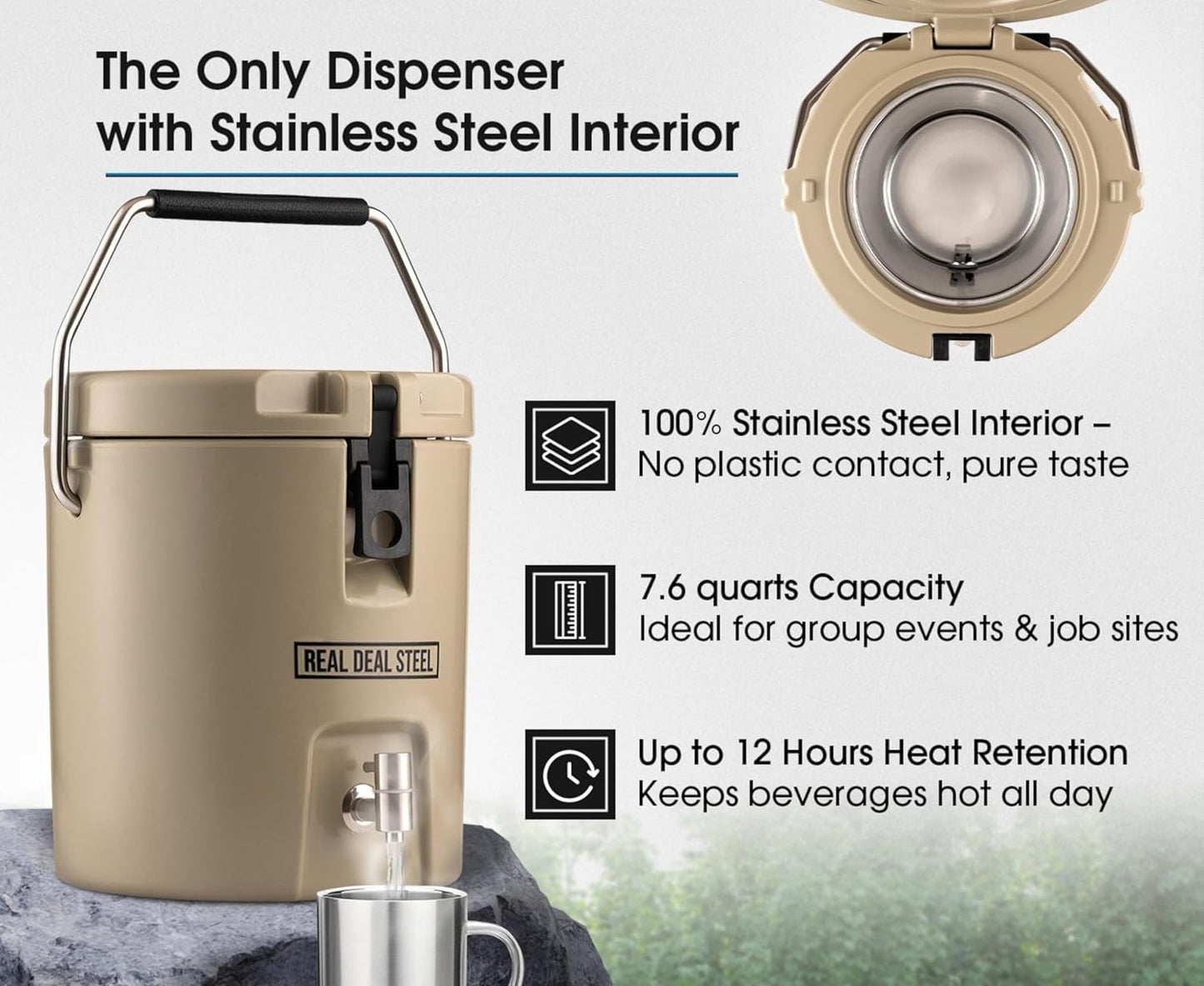Skiennix Insulated Beverage Dispenser - 2 Gallon Hot Cocoa & Coffee Server - Portable for Camping & Events - Tan