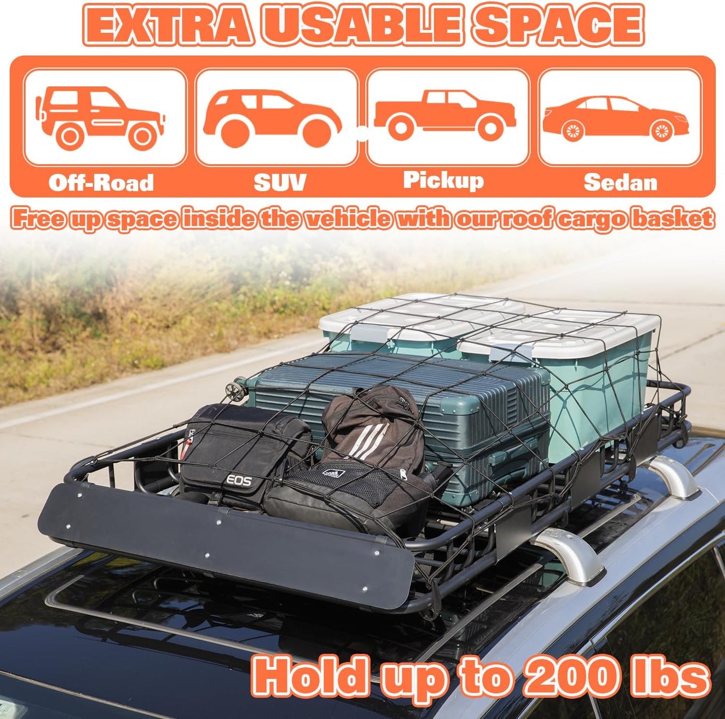 WEIZE Roof Rack Carrier Basket - Large 64" x 39" x 5" with Waterproof Bag & Cargo Net for SUVs and Trucks