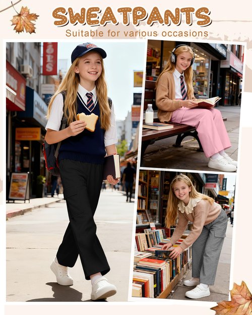 LessonZoo 3 Pack Girls Thermal Fleece Cargo Sweatpants 5-14y 4 Pockets Kid Warm Wide Leg High Waist Baggy Casual Pants Jogger(Pink, Heather Gray, Black,9-10 Years)