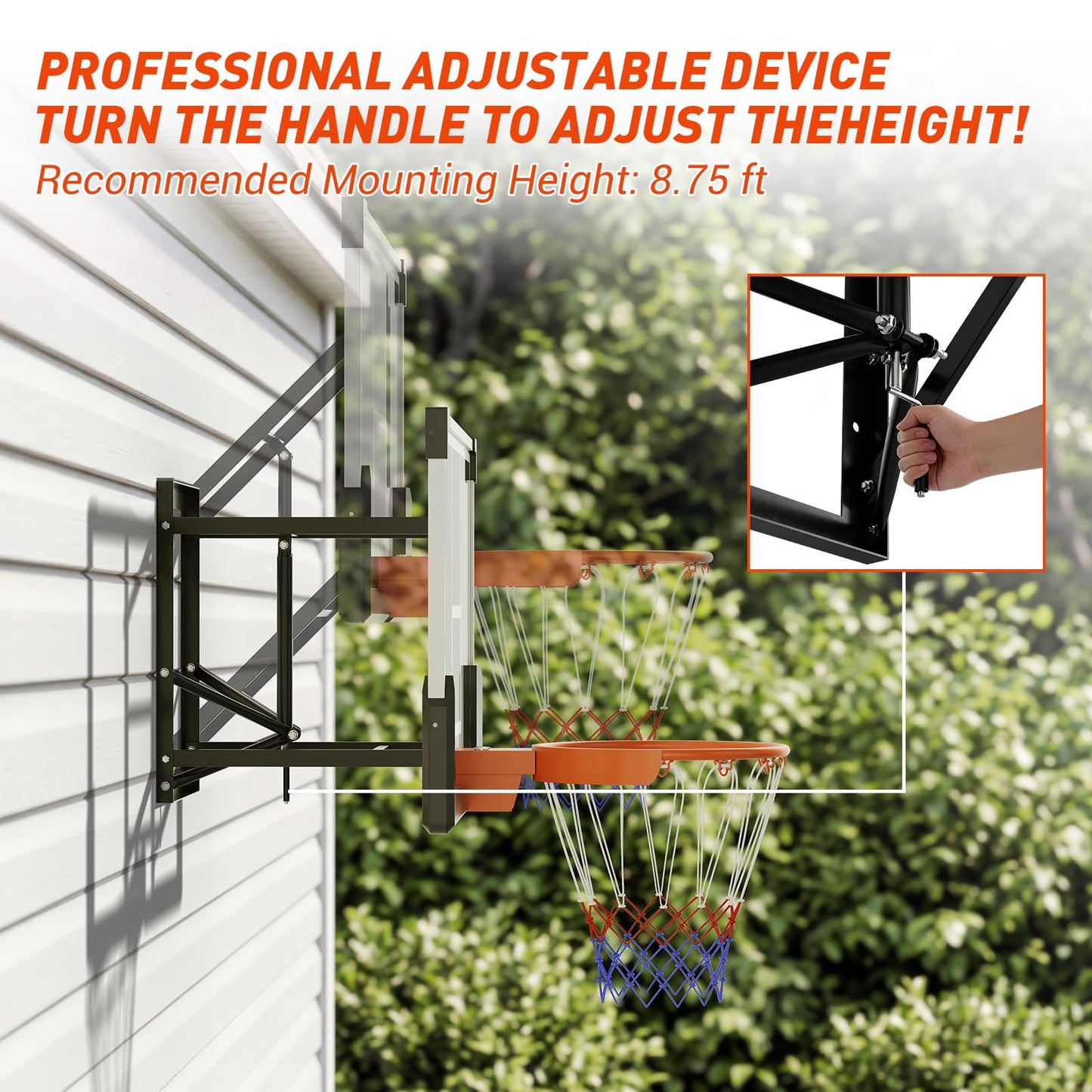 54" Wall Mounted Basketball Hoop 8-10 FT Adjustable Height PC Backboard