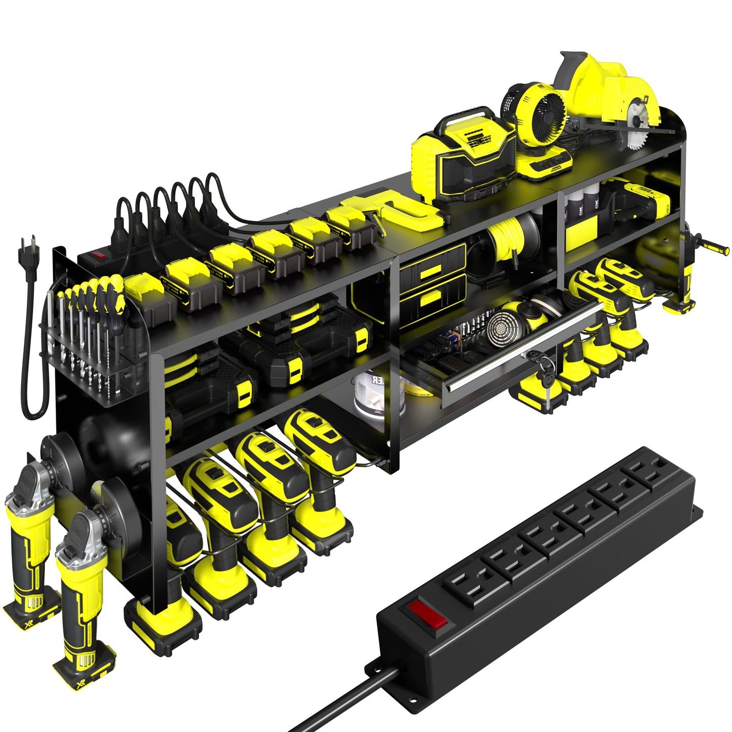 KSVO Large Power Tool Organizer Wall Mount with Drill Rack, Grinder Holder, Hammer & Pliers Rack, Locking Drawers & 6-Outlet Charging Shelf – Heavy Duty Metal Tool Storage for Garage & Workshop