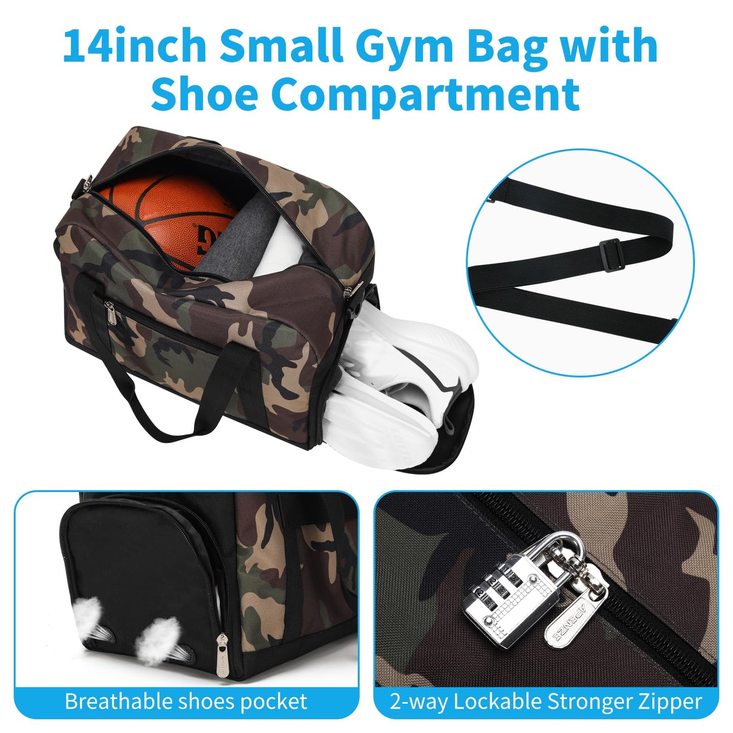 Apenze Small Gym Bag 14 inch lightweight Carry On Mini Duffel Bag with Shoe Compartment for Travel Sport - Camouflage