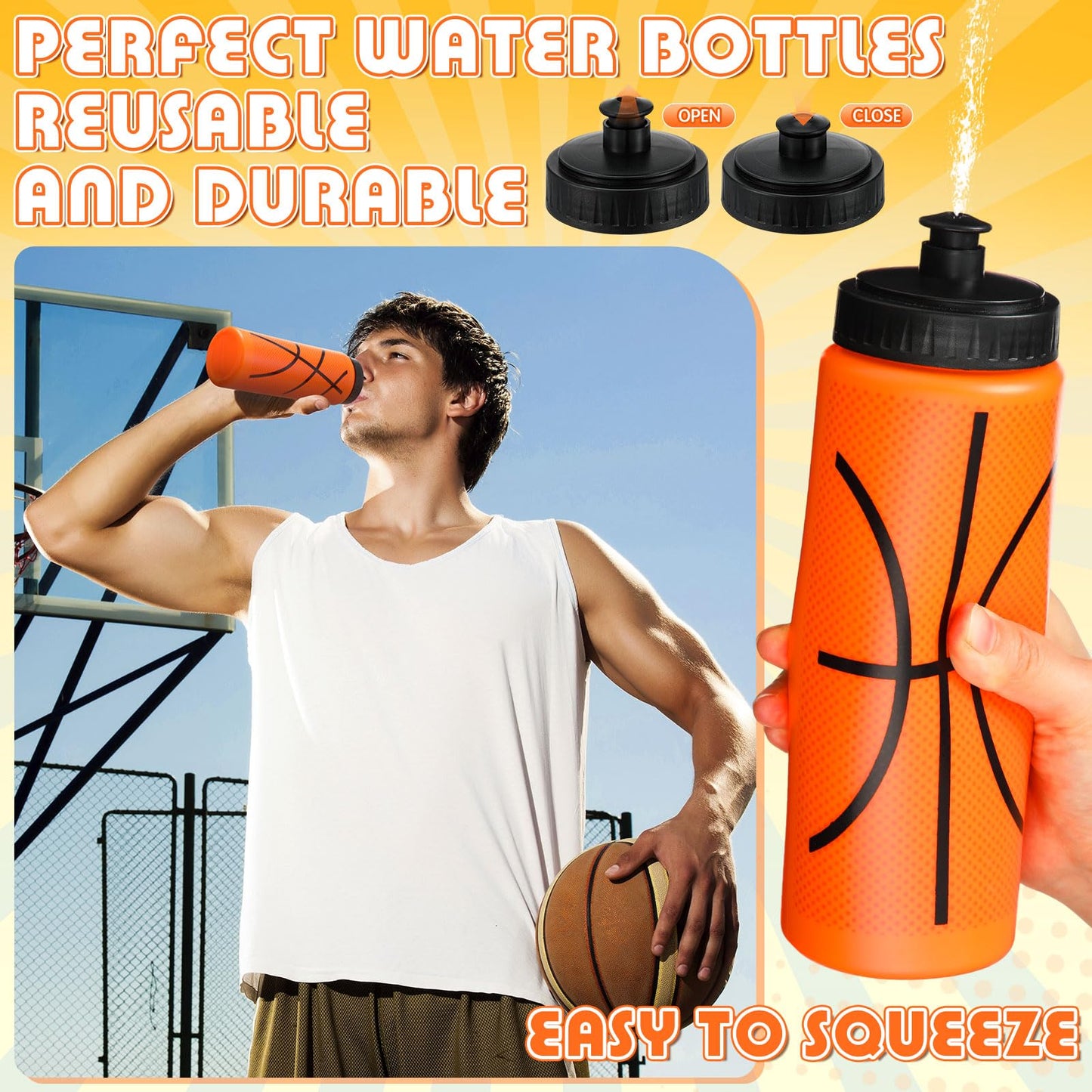 24 Pcs Basketball Water Bottle Basketball Drawstring Bag Set with 50 Sticker Basketball Party Favors 12 Reusable Sports Squeeze Water Bottle 20oz 12 Basketball Goodie Gift Bag for Basketball Team Gift