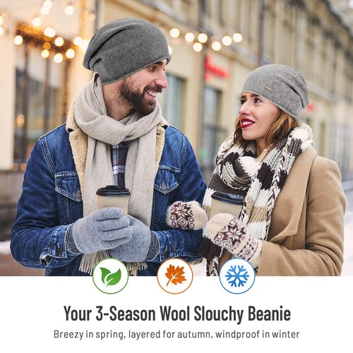 HAMUNI Wool Slouchy Beanie for Women,Soft Warm Beanies Hats- Lightweight & Breathable Skull Beanies Cap for Spring,Fall, Winter Charcoal Grey