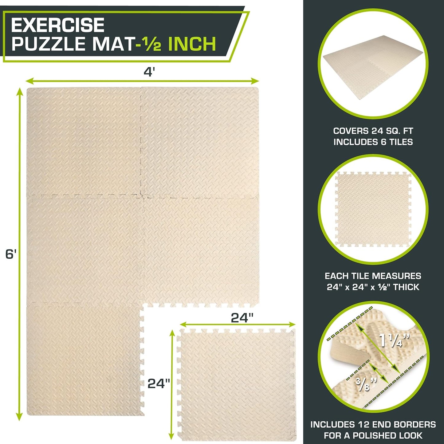 ProsourceFit Puzzle Exercise Mat - EVA Interlocking Foam Tiles for Home Gym | Cream, 24" x 24" x ½" - 6 Tiles