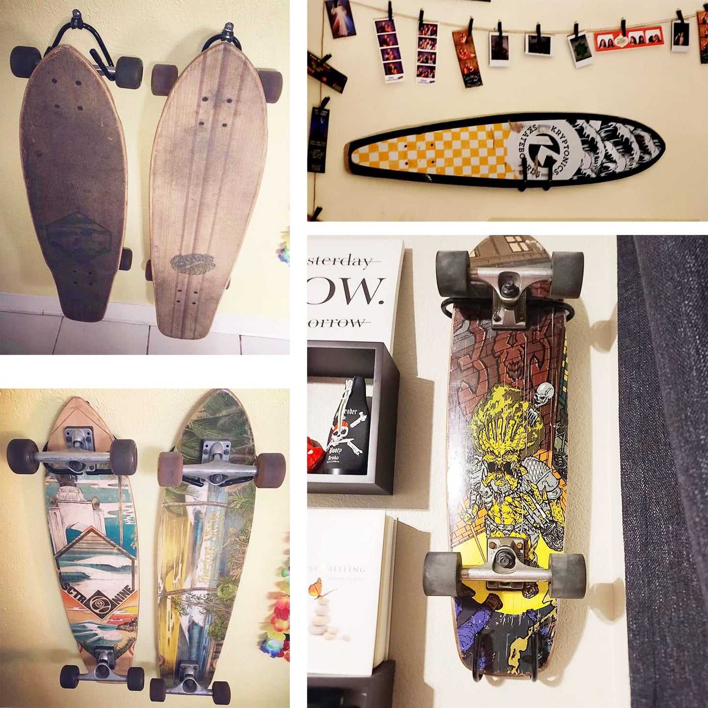Pmsanzay Skateboard Wall Rack Storage, Holds 4 Boards, Longboard Wall Display Tool Rack, Deck Display Wall Mount Hanger Rack, Home and Garage Skateboard Storage Hanger