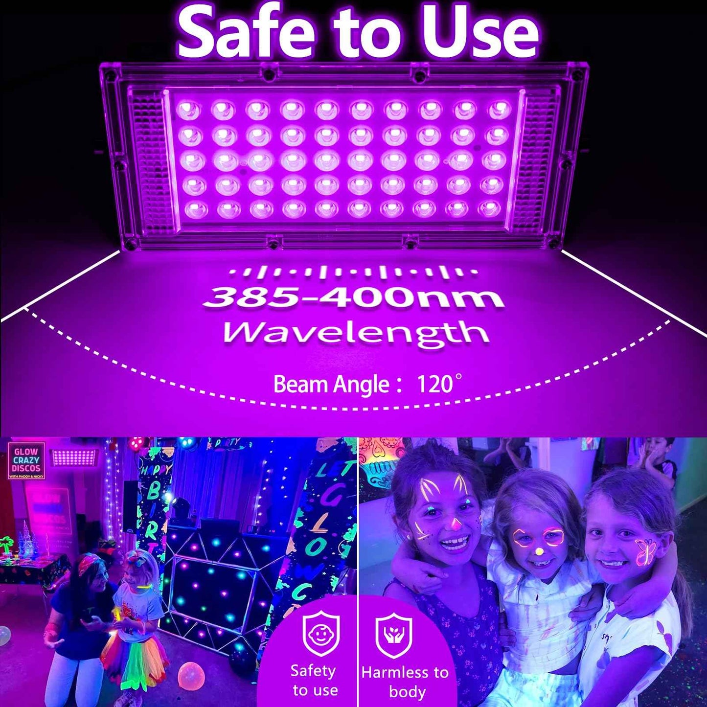 Akpgf 2 Pack 50W Black Light, LED Blacklight with US Plug and Switch, Black Lights for Glow and Neon Parties, Halloween, Body Painting, Birthday Party, Fluorescent Painting and Tapestry