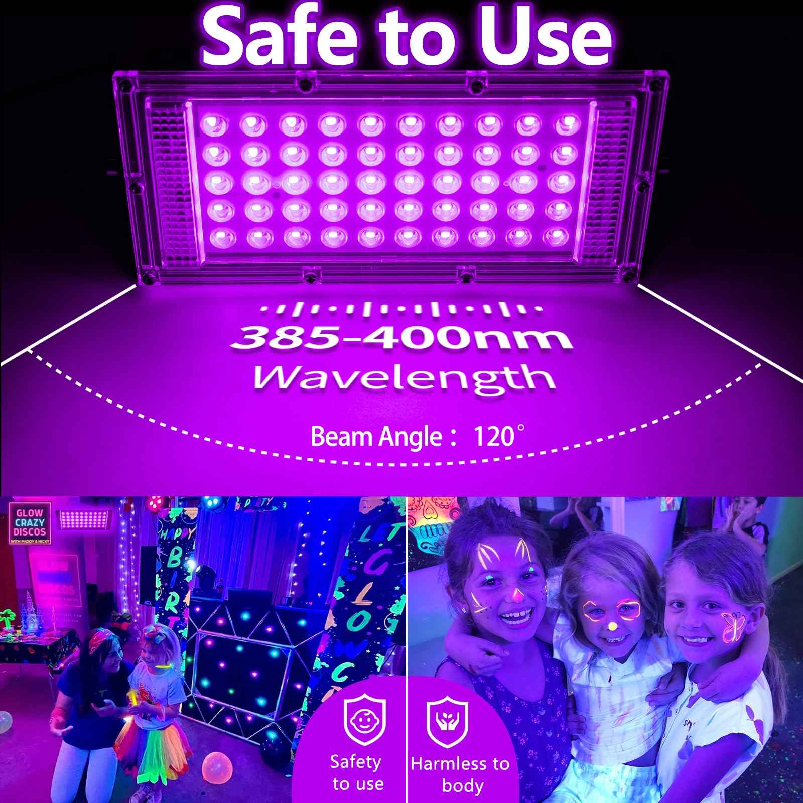 Akpgf 2 Pack 50W Black Light, LED Blacklight with US Plug and Switch, Black Lights for Glow and Neon Parties, Halloween, Body Painting, Birthday Party, Fluorescent Painting and Tapestry