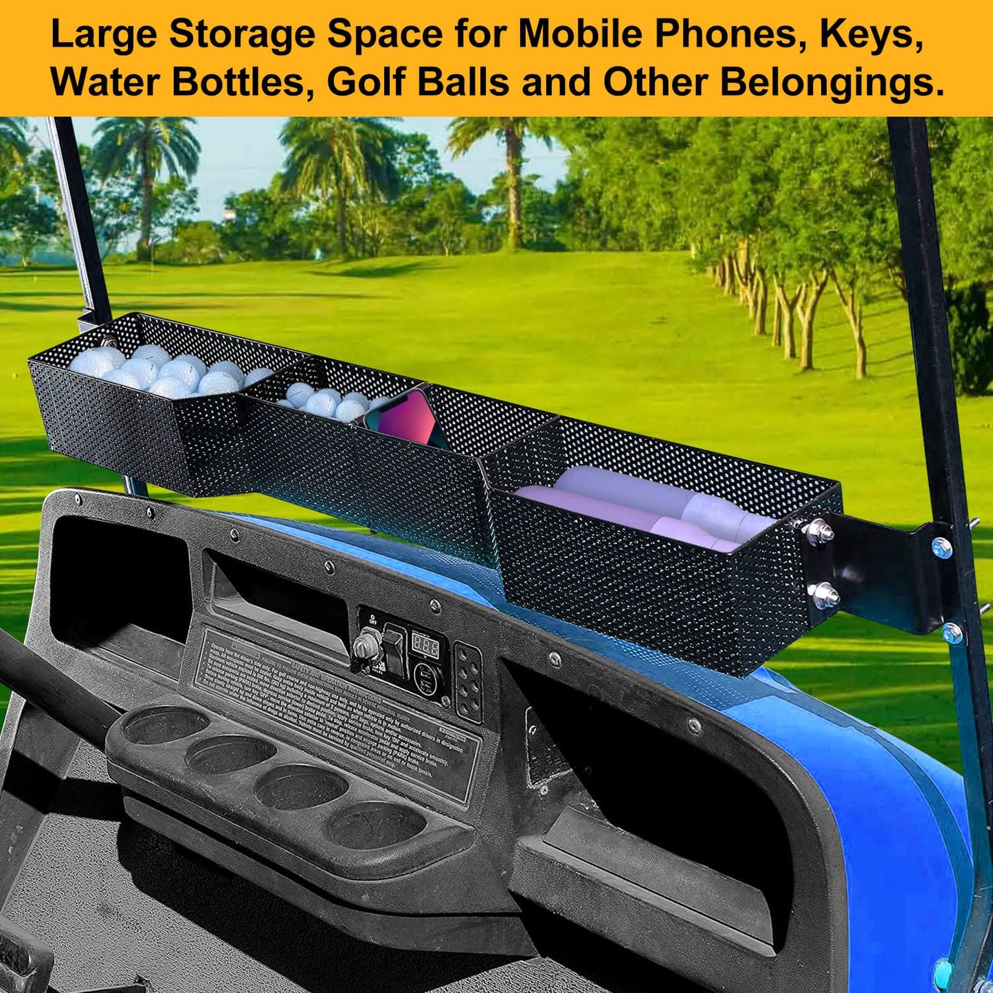 LEAPGOMAX Golf Cart Basket Front Inner Fit EZGO TXT & RXV, Club Car Precedent&DS (2000 up) Golf Carts, Heavy Steel Mesh Durable Golf Cart Storage Tray Dash Organizer