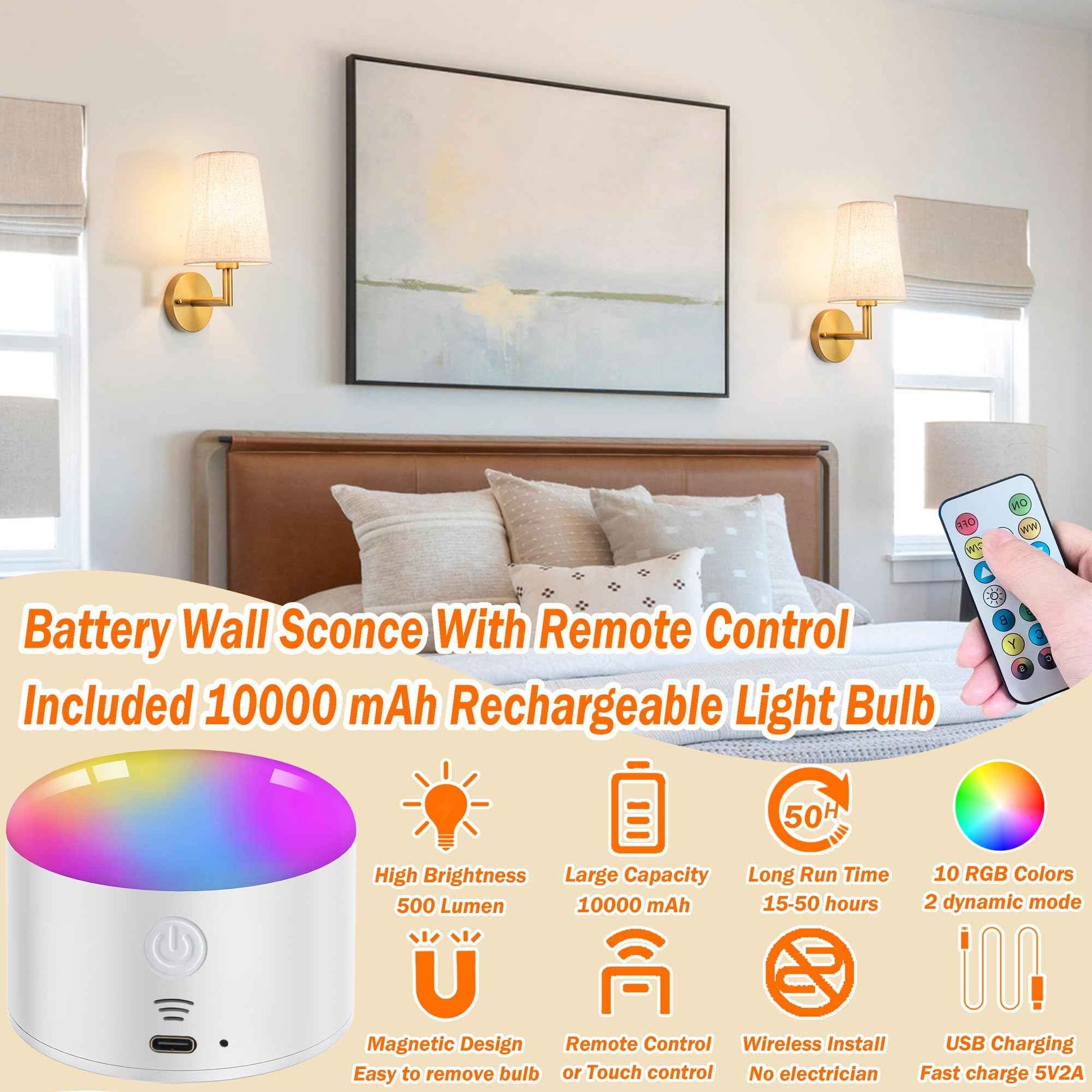 Wall Sconce Battery Operated Wall Light Fixure with Remote Control, Dimmable Battery Operated Wall Sconces Set Of Two, Indoor Wireless Wall Mounted Lamp with Rechargable Bulb For Bedroom Living Room (