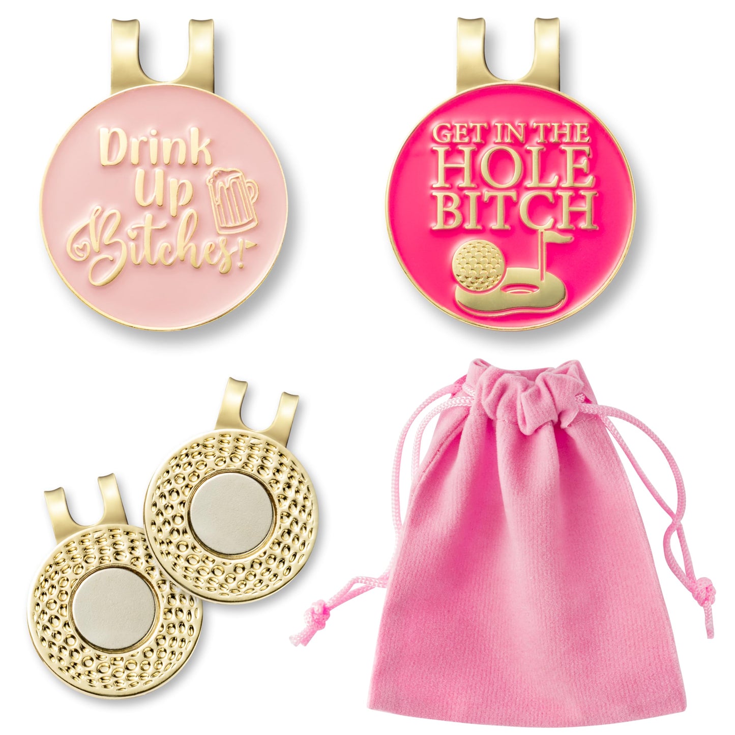 VERSRH Golf Ball Marker Clips - 2 Pcs Pink Funny Golf Ball Markers with 2pcs Magnetic Hat Clips & Pink Velvet Pouch Removable Attaches Caps Gift for Women Girls Golfer Club Accessories
