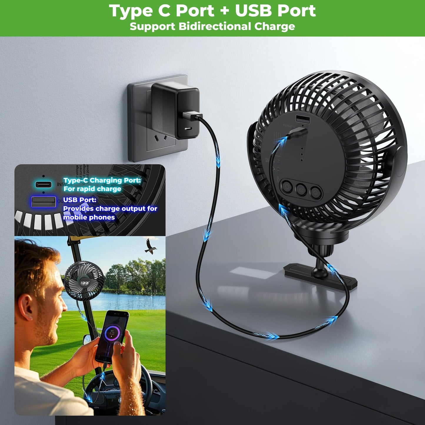 10L0L Magnetic Golf Cart Fan Rechargeable 10000mAh Battery Powered Fan with Light, Magnetic Base,3 Speeds/56 Hrs Runtime/360°Rotatable, Universal for EZGO Club Car Yamaha Summer Golf Cart Accessories