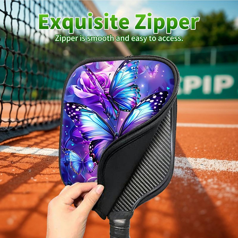 RWUTYTIUL Purple Butterfly Flower Pickle Ball Paddle Cover, Neoprene Pickleball Paddle Sleeve with Zippered Racket, Universal Paddle Storage Bag Size 8.66" x 11.4", Pickleball Paddle Case for Women