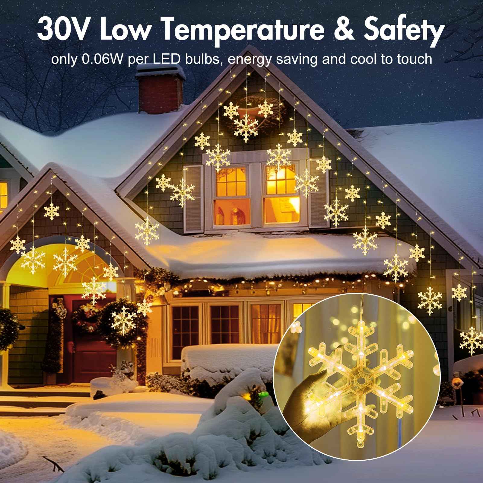 2 Pack 13 Ft 192 LED Snowflake Christmas Icicle Lights with 16 Drops, 8 Modes and Timer, IP65 Waterproof Connectable for Indoor Outdoor House Window, Warm White