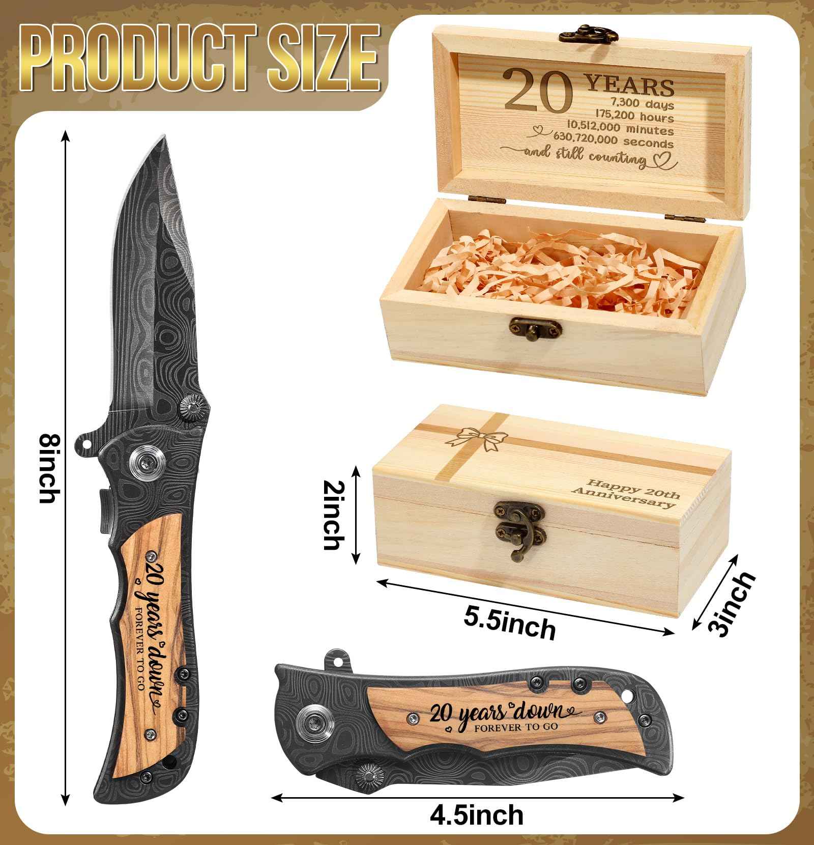 Lanties 20 Year Anniversary Keepsake Gifts for Him Engraved Pocket Knife with Gift Box Happy Tin Anniversary Customized Wedding Birthday Father's Day Gifts for Men Husband