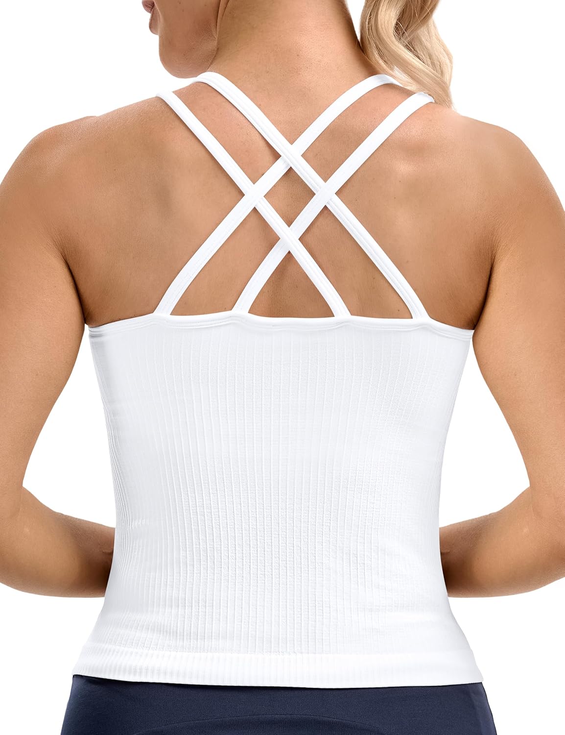 Skiennix Seamless Ribbed Workout Tank - Built-In Bra, V-Neck Crisscross Back Yoga Top for Women