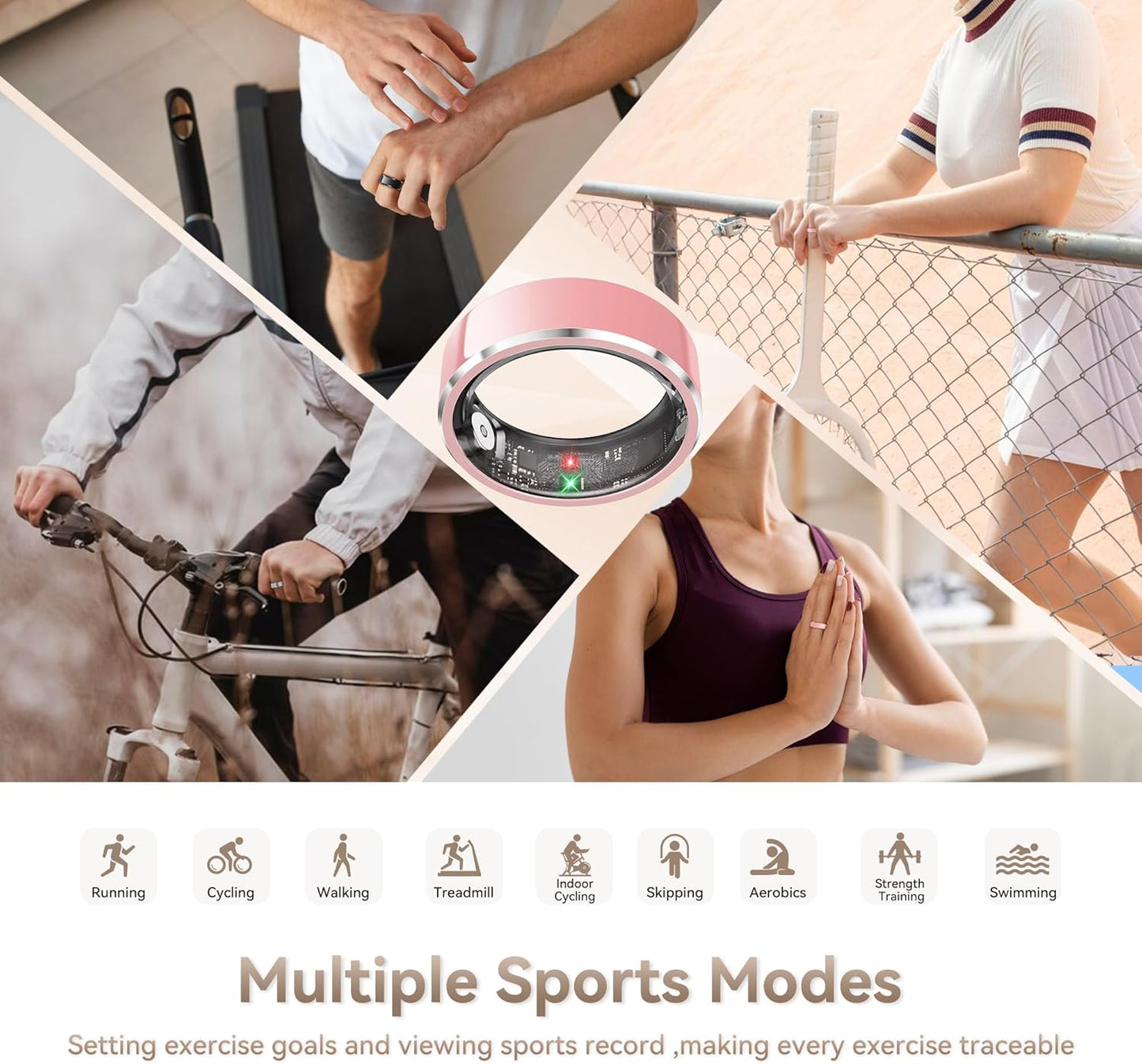 Skiennix Smart Ring - Fitness & Activity Tracker with Heart Rate Monitor | IP68 Waterproof, Pink, Size 8