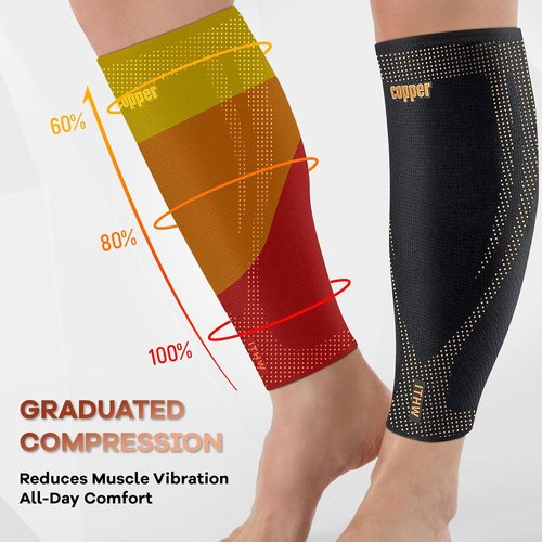 Copper Calf Compression Sleeves - High Stretch Graduated Support with Anti-Slip Grip | Breathable Footless Design for Runners & Travel (1 Pair)
