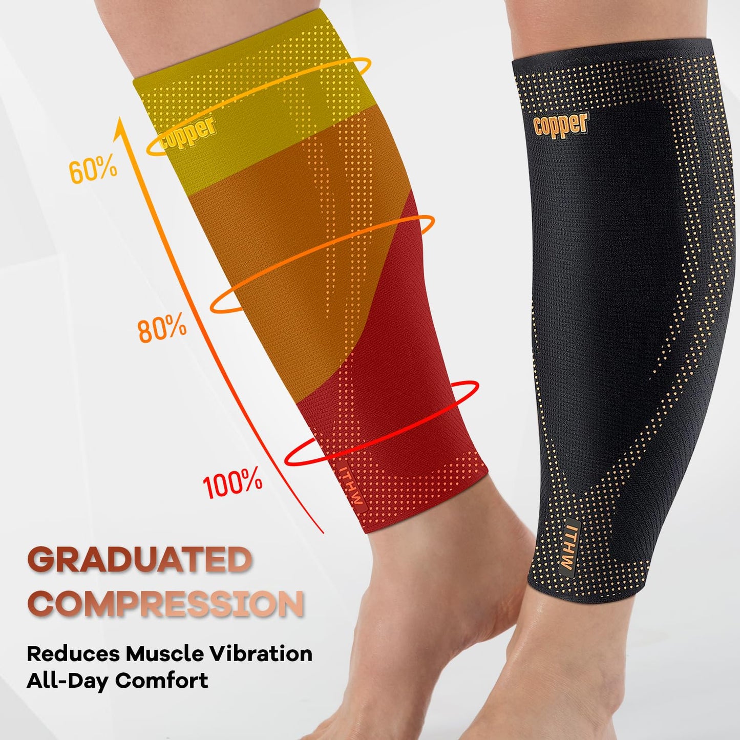Copper Calf Compression Sleeves for Men & Women - High Stretch Graduated Compression with Anti-Slip Grip | Breathable & Smooth Lining Footless Design for Runners, Shin Splints, Leg Fatigue & Travel (1 Pair)