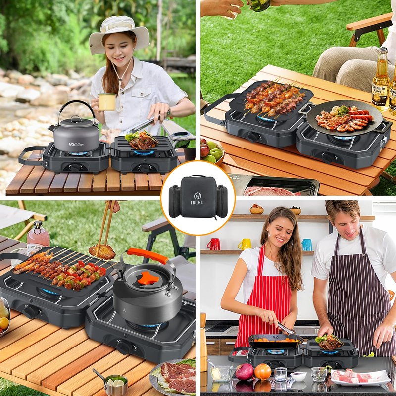 Nice C Camping Stove, Portable Camping Stove Propane, 2 Burner Propane Gas Stove, Mini Propane Grill, 16000 BTU Camp Stove with 2 Burner, Grill & Carry Bag for Camping
