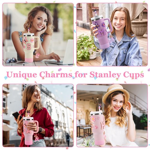 15PCS Cup Accessories Set for Stanley Cup 30oz 40oz Tumbler with Handle, Including Silicone Straw Cover and Boot, Spill Proof Stopper, Stanley Charms, Handle Charm, Initials Sticker (Letter C, Pink)