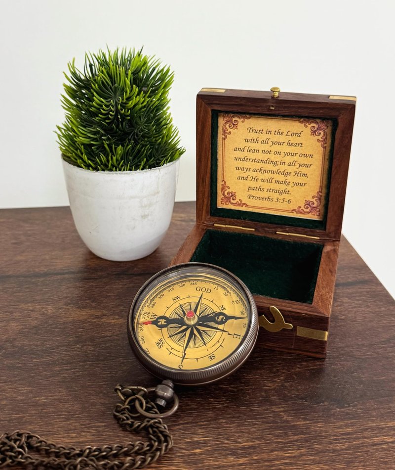 Compass Trust in Lord Religious Brass Compass Gift with Bible Proverb Engraved | Christian Inspirational Gift for Men, Faith Based Graduation, Birthday, Gift for Son, Holy Gift | Sundial Clock in Box