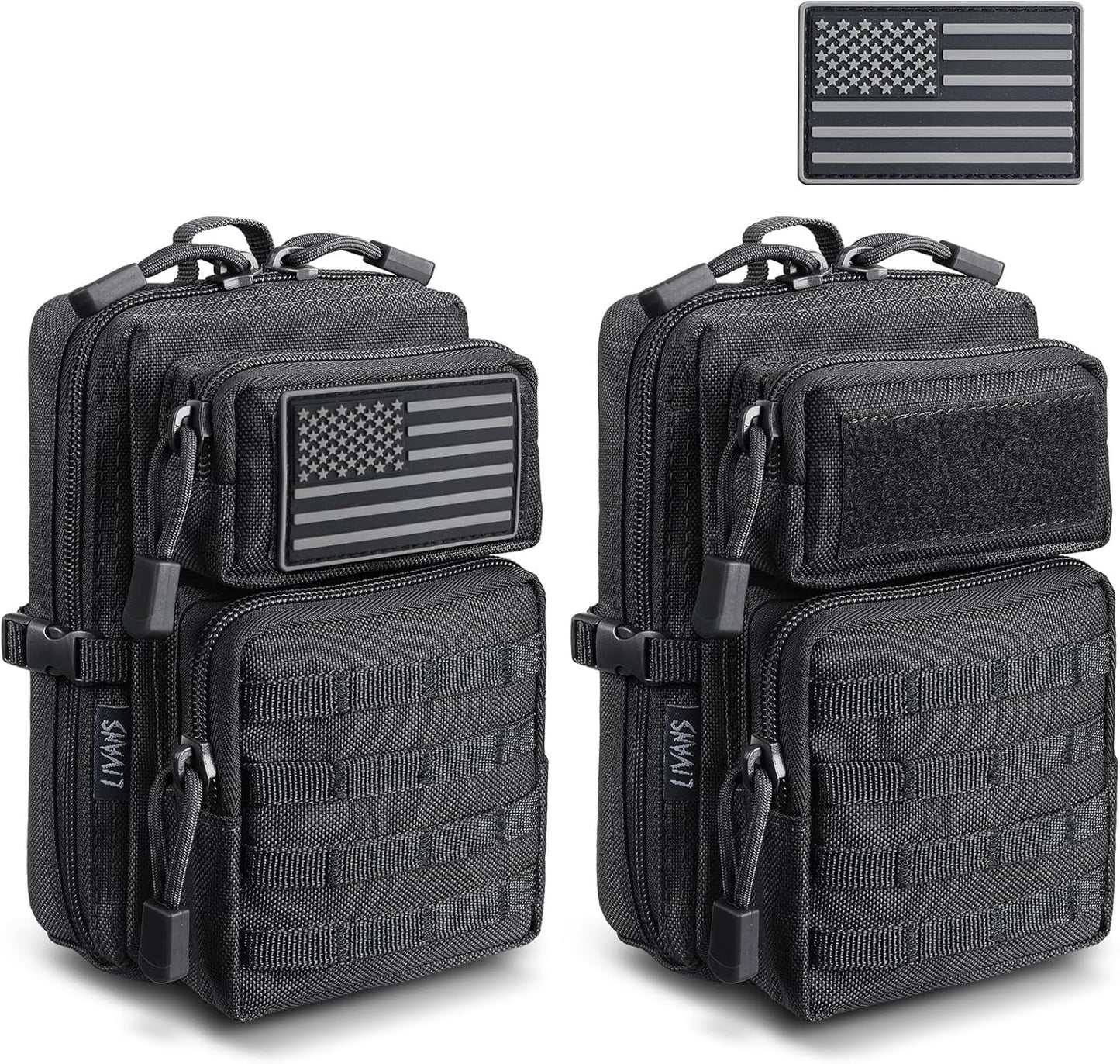Skiennix Tactical EDC Pouch - 2 Pack Utility Phone Holder for Duty Belt, Backpack, Vest | Includes US Flag Patch