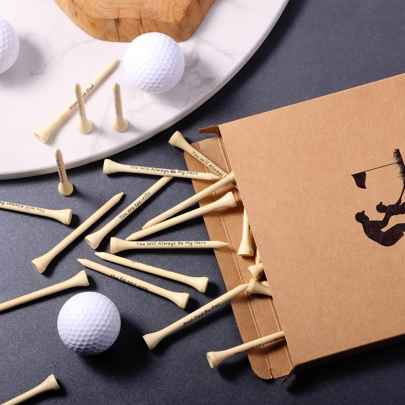 Deekin 90 PCS Christmas Dad Golf Gifts for Men, 3-1/4 inch Funny Wooden Golf Tees with Warm Words and Kraft Box, Golfing Gifts Presents for Dad Grandpa Grandfather(Natural Wood Color)