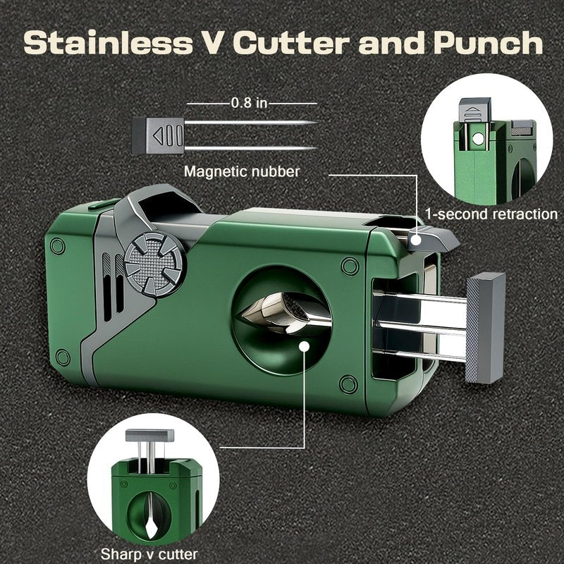 VloEssic 5 in 1 Butane Torch Lighter, 4 Jet Flame, Butane Lighter Refill Built-in V Cutter, Punch, Holder, Nubber, Windproof Jet Lighter for Candles, Cool Lighters Gift for Men (Without Gas) (Green)